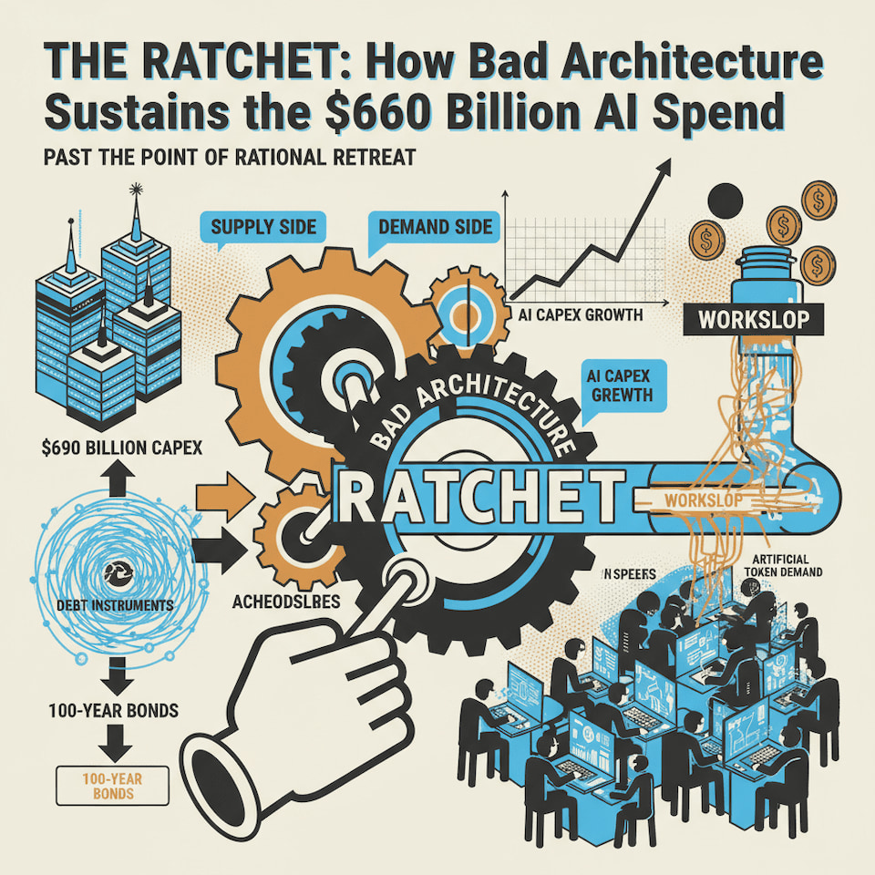 Retro-futurist illustration of the AI capex ratchet mechanism