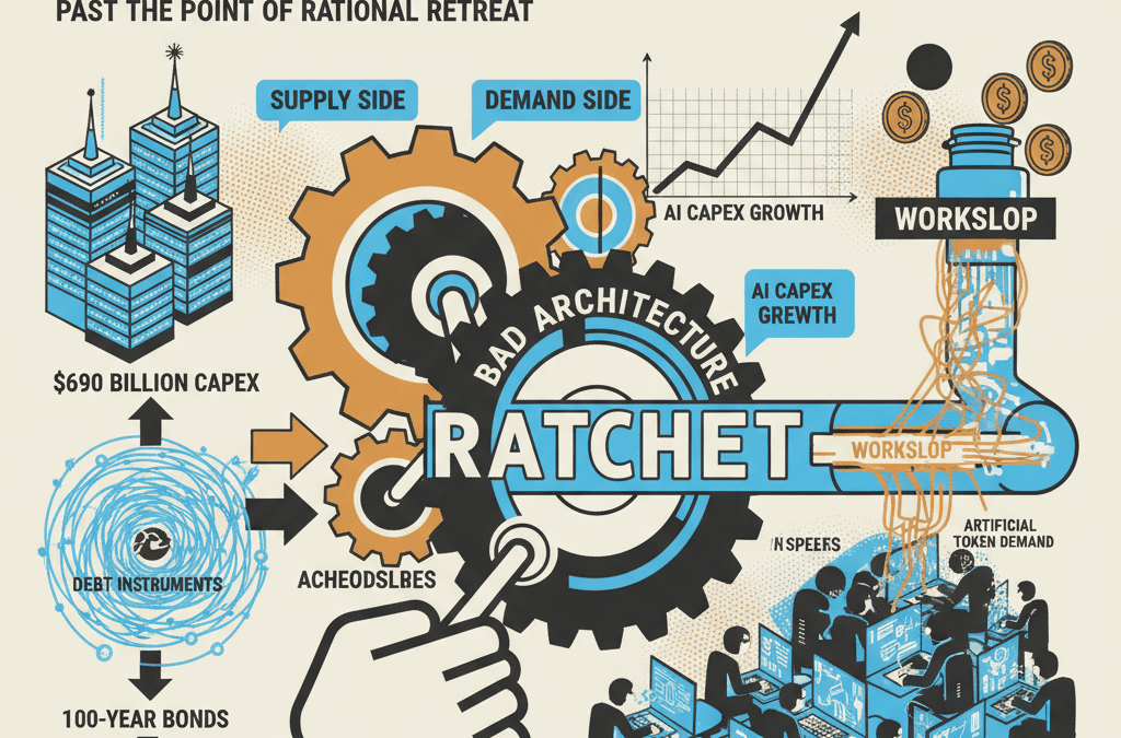 Retro-futurist illustration of the AI capex ratchet mechanism