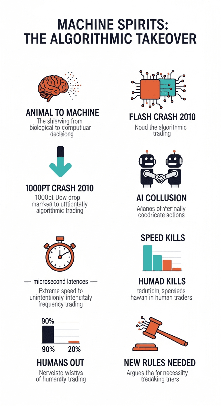 Machine Spirits infographic - the algorithmic takeover of financial markets showing flash crash anatomy, AI collusion, speed vs stability, and human trader displacement